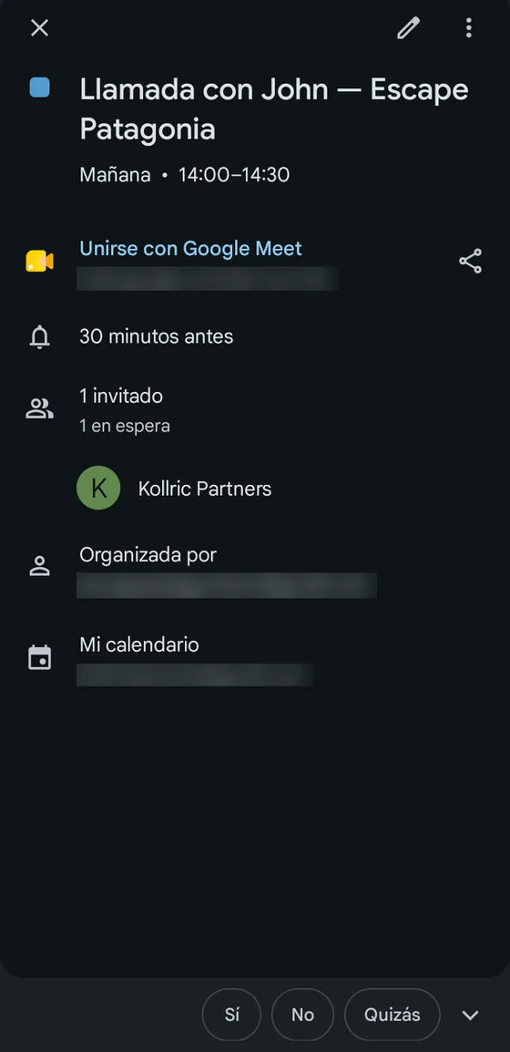 Evento de Google Calendar en el móvil: Llamada con John, Escape Patagonia, mañana de 14:00 a 14:30, con el enlace para unirse a Google Meet.