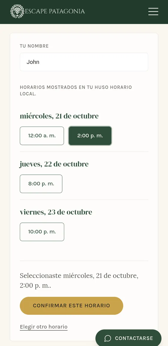 Móvil con los horarios disponibles del miércoles 21, el jueves 22 y el viernes 23 de octubre, con el de las 2:00 p. m. del miércoles elegido.