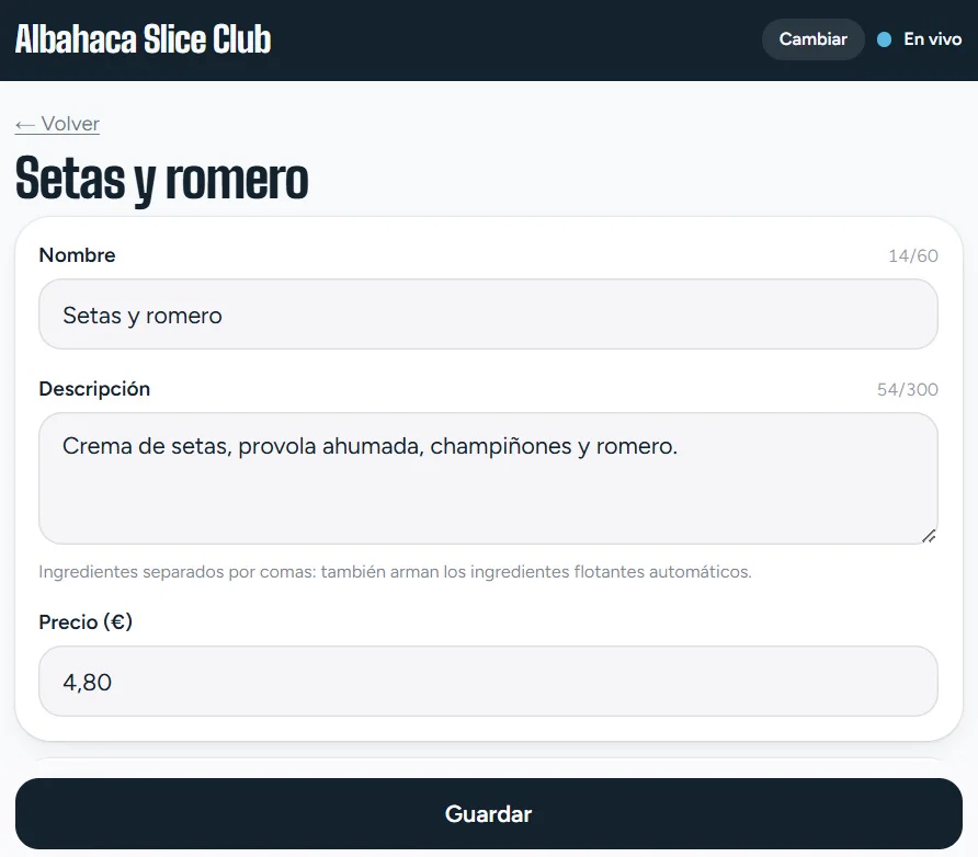 Panel del dueño editando el plato Setas y romero: nombre, descripción y precio de 4,80 euros.